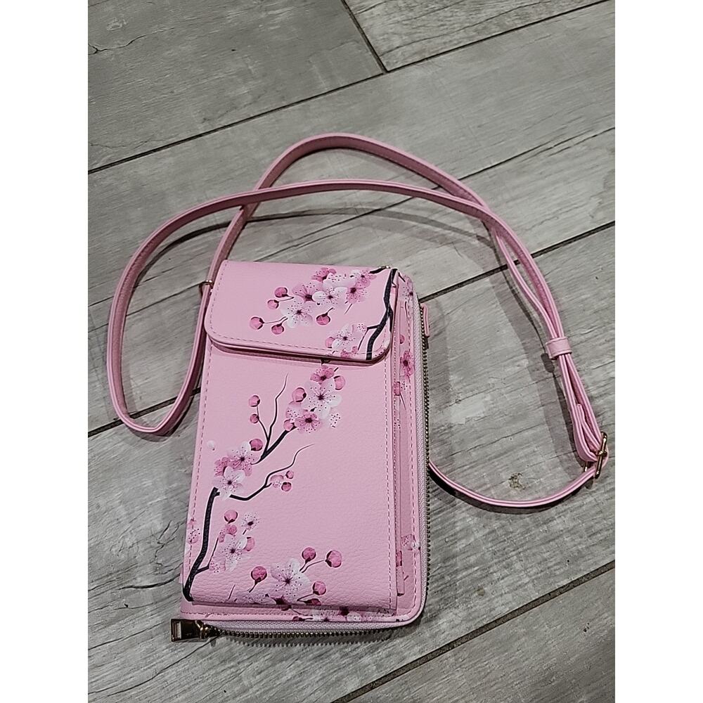 Crossbody Pink Cherry Blossem Wallet Purse Phone Case Detachable Strap NWOT